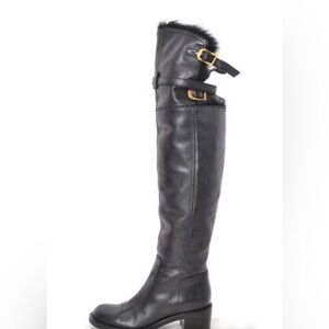 Gucci Vintage Fur Lined Leather Tall Black Gold Heeled Boots Size 4.5